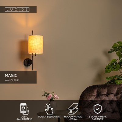 Lucide MAGIC - Wandlamp - 1xE27 - Met USB oplaadpunt - Zwart